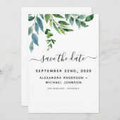 ボタニカルグリーンの葉 水彩 結婚式 セーブザデート (正面/裏面)