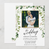 ボタニカルグリーンカリグラフィーゴールドフレームウェディング 招待状 (正面/裏面)