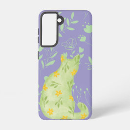 ボタニカルグリーンキャットSamsungケース - パープルフラワー Samsung Galaxy S21ケース