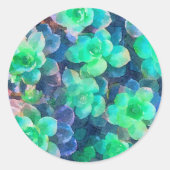 ボタニカルグリーンシェードフローラ多肉水色 ラウンドシール (正面)