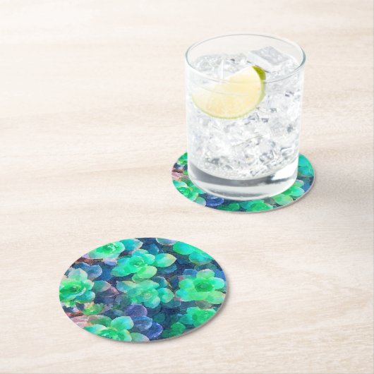 ボタニカルグリーンシェードフローラ多肉水色 ラウンドペーパーコースター (インサイチュ)