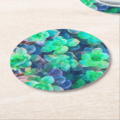 ボタニカルグリーンシェードフローラ多肉水色 ラウンドペーパーコースター (アングル)