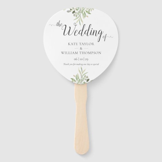 ボタニカルグリーンスクリプト結婚式プログラム ハンドファン (正面)