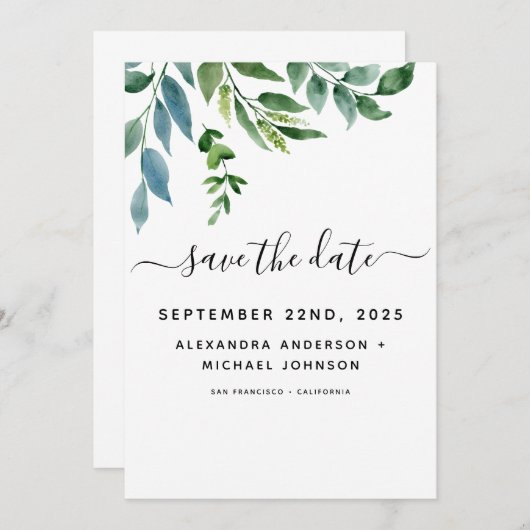 ボタニカルグリーンフォリアージュ水彩ウェディング セーブザデート (正面/裏面)