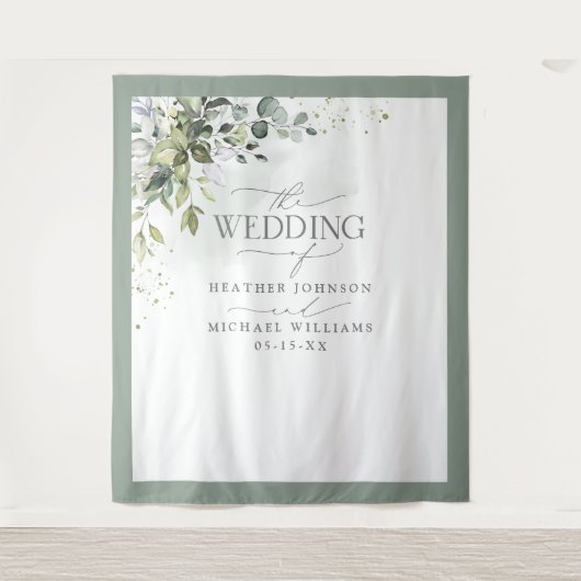 ボタニカルグリーンフラワーの水彩ウェディングフォト タペストリー (正面)