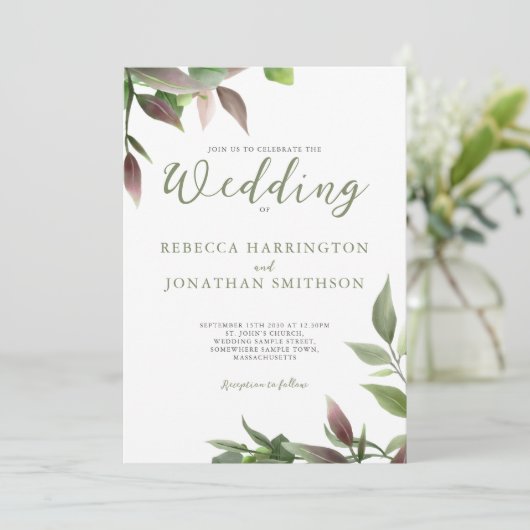 ボタニカルグリーンブルガンディフォト結婚式招待状 (スタンド正面)