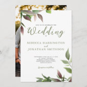 ボタニカルグリーンブルガンディフォト結婚式招待状 (正面/裏面)