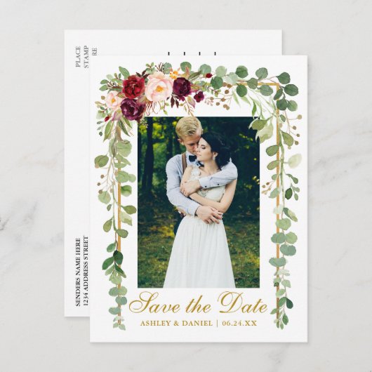 ボタニカルグリーンブルゴーニュフローラ日付金ゴールドを保存 案内ポストカード (正面/裏面)