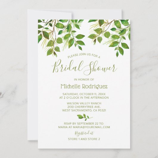 ボタニカルグリーンリーウォーターブライダルシャワー 招待状 (正面)