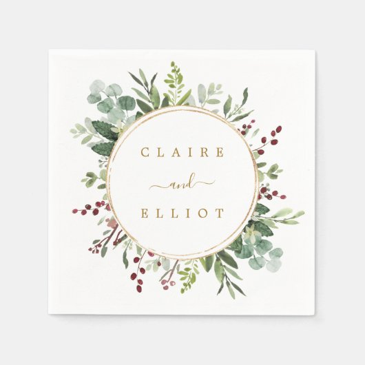 ボタニカルグリーンリークリスマスホリデー結婚金ゴールド スタンダードカクテルナプキン (正面)