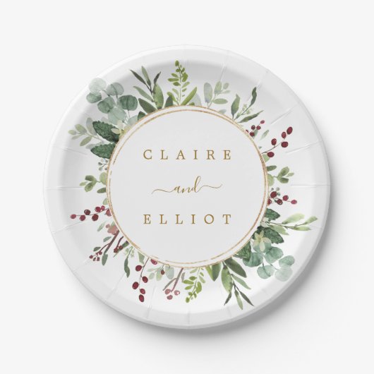 ボタニカルグリーンリークリスマスホリデー結婚金ゴールド ペーパープレート (正面)