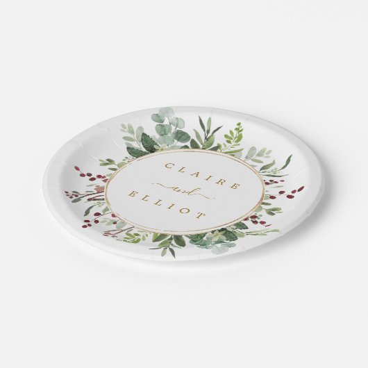 ボタニカルグリーンリークリスマスホリデー結婚金ゴールド ペーパープレート (アングル)