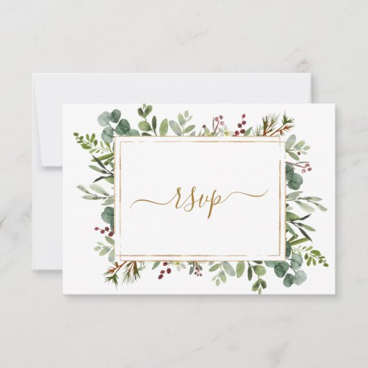 ボタニカルグリーンリークリスマスホリデー結婚金ゴールド 出欠カード (正面)