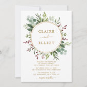 ボタニカルグリーンリークリスマスホリデー結婚金ゴールド 招待状 (正面)
