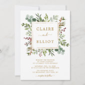 ボタニカルグリーンリークリスマスホリデー結婚金ゴールド 招待状 (正面)
