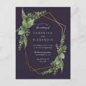 ボタニカルグリーンリーパープル&金ゴールドジオメトリック結婚ス インビテーションポストカード (正面)