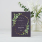 ボタニカルグリーンリーパープル&金ゴールドジオメトリック結婚ス インビテーションポストカード (スタンド正面)