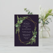 ボタニカルグリーンリーパープル&金ゴールドジオメトリック結婚ス 箔招待状ポストカード (立ち正面)