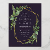 ボタニカルグリーンリーパープル&金ゴールドジオメトリック結婚ス 箔招待状ポストカード (正面)
