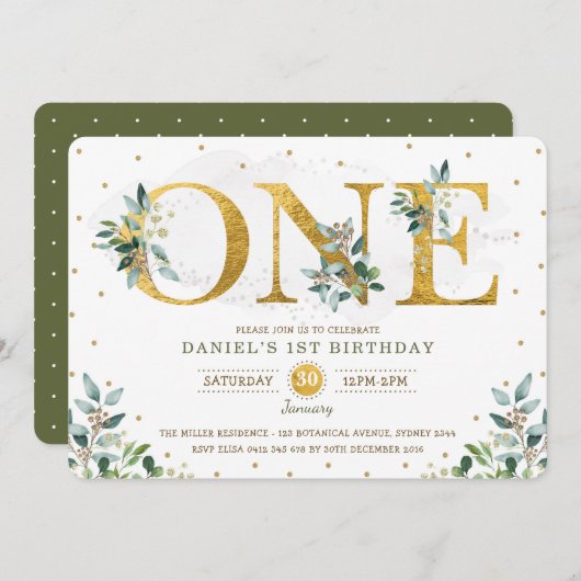 ボタニカルグリーンリーボーイ1st誕生日パーティー 招待状 (正面/裏面)
