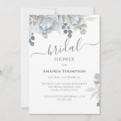 ボタニカルグリーンリーライトブルーフローラバラ花 招待状 (正面)