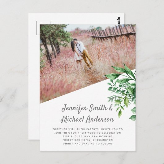 ボタニカルグリーンリーリーリーフ結婚式招待状予算 ポストカード (正面/裏面)