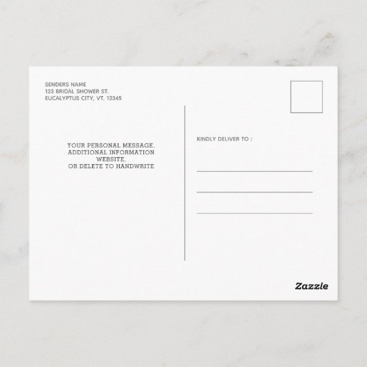 ボタニカルグリーンリー金ゴールドブライダルシャワー招待 ポストカード (裏面)