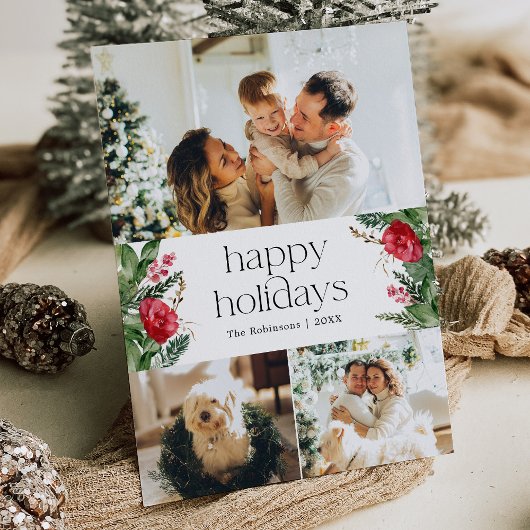 ボタニカルグリーンリー3フォトフラットホリデーカード シーズンカード