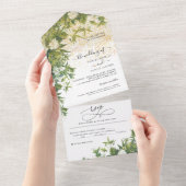 ボタニカルグリーン金ゴールド結婚グリッター オールインワン招待状 (貼ってはがせる)