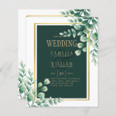 ボタニカルグリーン金ゴールド結婚式招待状エメラルド (正面/裏面)