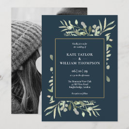 ボタニカルグリーン ディープシー ブルー フォト ウェディング 招待状