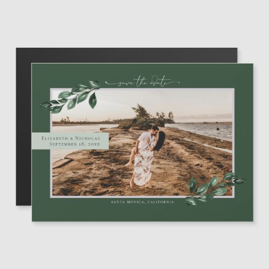 ボタニカルグリーン | 結婚式前撮りSave the Date マグネット招待状 (正面/裏面)