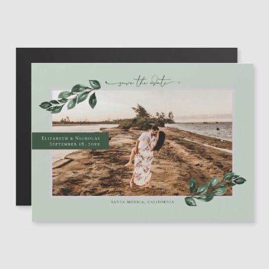ボタニカルグリーン | 結婚式前撮りSave the Date マグネット招待状 (正面/裏面)