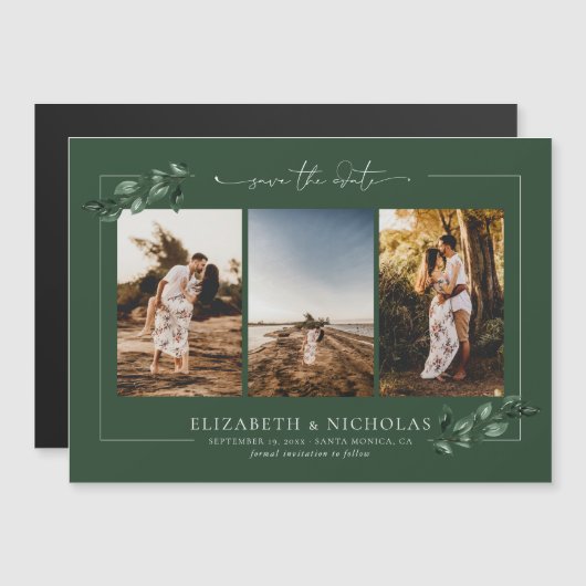 ボタニカルグリーン | 結婚式3枚写真入りSave the Date マグネット招待状 (正面/裏面)
