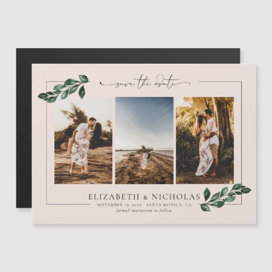 ボタニカルグリーン | 結婚式3枚写真入りSave the Date マグネット招待状 (正面/裏面)