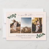 ボタニカルグリーン | 結婚式3枚写真入りSave the Date マグネット招待状 (正面)