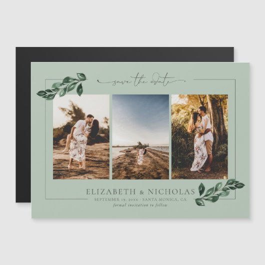 ボタニカルグリーン | 結婚式3枚写真入りSave the Date マグネット招待状 (正面/裏面)