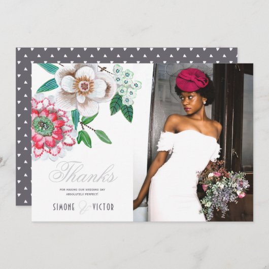 ボタニカルグレーピンクグリーン感謝していフローラ セーブザデート (正面/裏面)