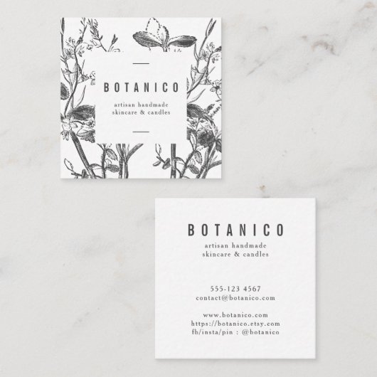 ボタニカルグレーホワイトフローラクシンプルラシースクエア スクエア名刺 (正面/裏面)