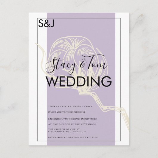 ボタニカルコットンプラントラベンダー結婚式招待状 ポストカード (正面)