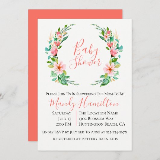 ボタニカルコーラルアイランドリースベビーシャワー 招待状 (正面/裏面)