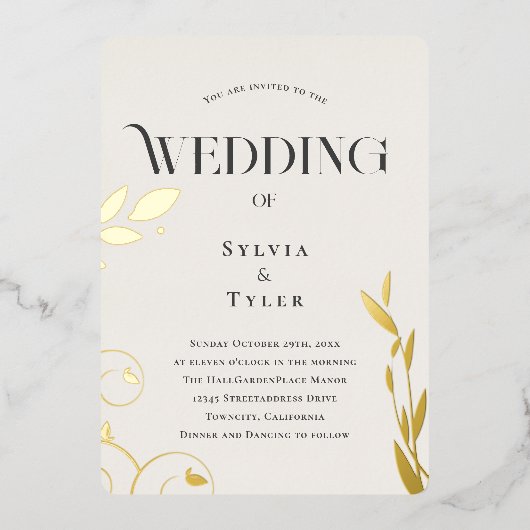 ボタニカルゴールド結婚フォイル 箔招待状 (正面)