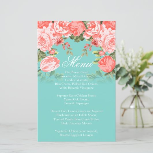 ボタニカルサンゴとティール（緑がかった色）フラワー結婚ズ – メニュー (スタンド正面)