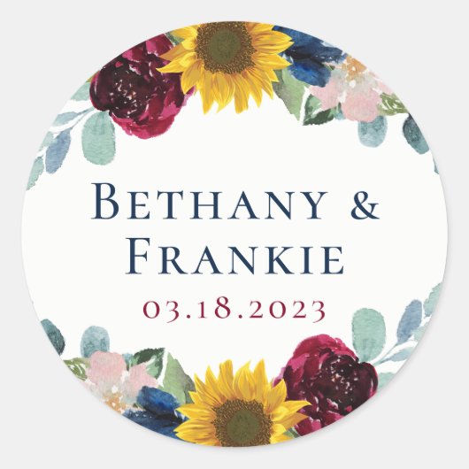 ボタニカルサンフラワーフローラ結婚式の引き出物 ラウンドシール (正面)