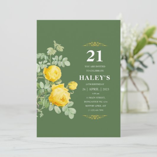 ボタニカルシックイエロー&グリーンフローラ21th誕生日 招待状 (スタンド正面)