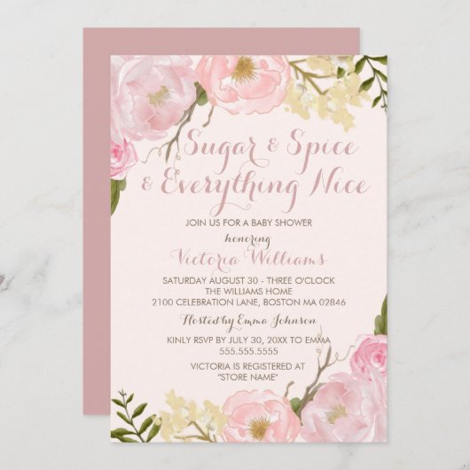 ボタニカルシュガー&スパイスガールベビーシャワー招待状 招待状 (正面/裏面)