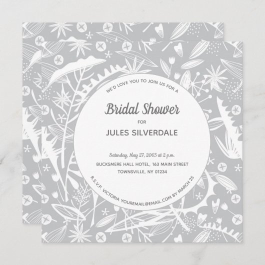 ボタニカルシルバーグレーパターンブライダルシャワー 招待状 (正面/裏面)