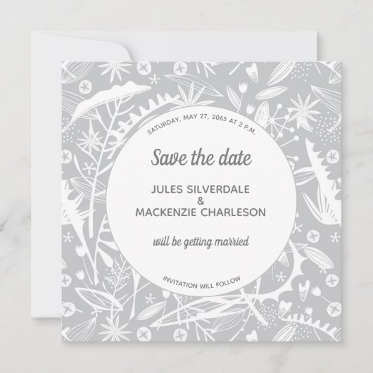 ボタニカルシルバーグレーパターン保存日付 招待状 (正面)