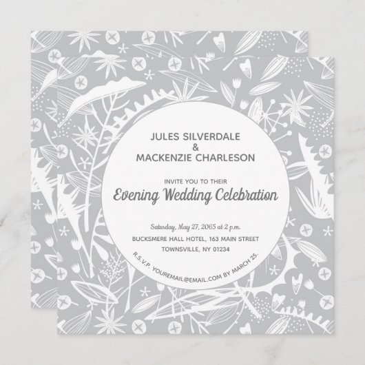 ボタニカルシルバーグレーパターン夕べ結婚ズ 招待状 (正面/裏面)