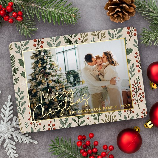 ボタニカルシーズナルグリーティングオンホリーベリー金ゴールド 箔シーズンカード